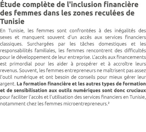  tude compl te de l'inclusion financi re des femmes dans les zones recul es de Tunisie En Tunisie, les femmes sont co...