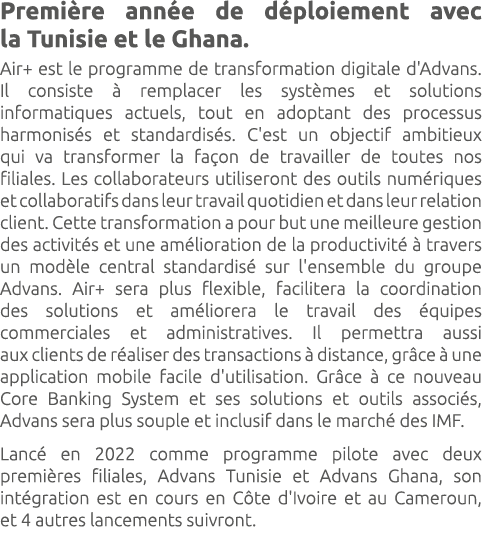 Premi re ann e de d ploiement avec la Tunisie et le Ghana. Air+ est le programme de transformation digitale d'Advans....