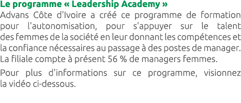 Le programme « Leadership Academy » Advans C te d'Ivoire a cr  ce programme de formation pour l'autonomisation, pour...