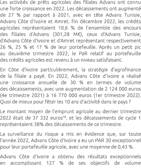 Les activit s de pr ts agricoles des filiales Advans ont connu une forte croissance en 2022. Les d caissements ont au...