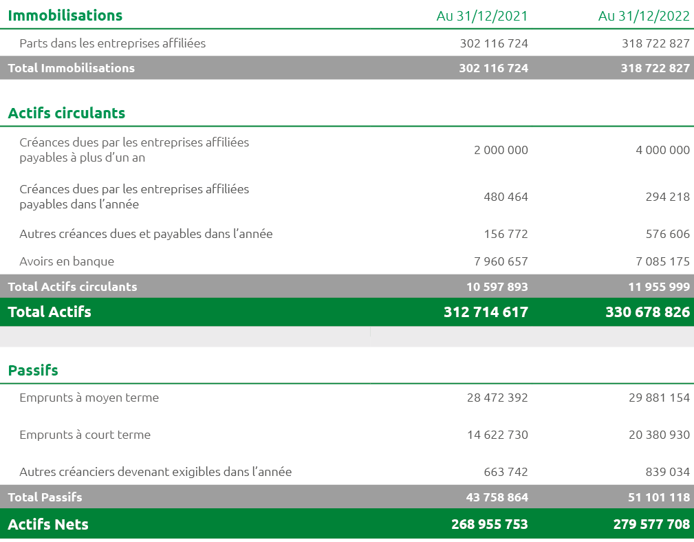 Immobilisations,Au 31/12/2021,Au 31/12/2022 ,Parts dans les entreprises affili es,302 116 724 ,318 722 827,Total Immo...