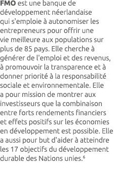 FMO est une banque de d veloppement n erlandaise qui s'emploie  autonomiser les entrepreneurs pour offrir une vie me...