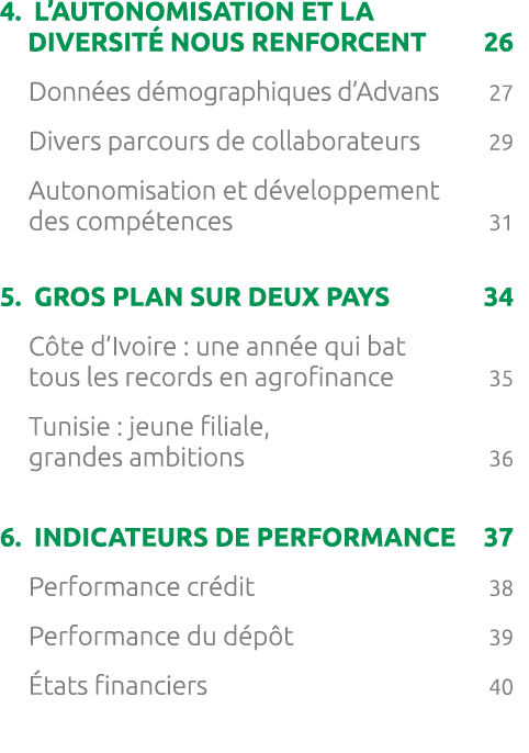 4.  L’autonomisation et la diversit nous renforcent 26 Donn es d mographiques d’Advans 27 Divers parcours de collab...