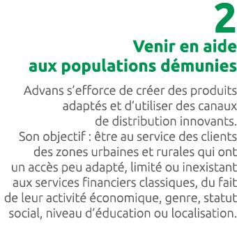 2 Venir en aide aux populations d munies Advans s’efforce de cr er des produits adapt s et d’utiliser des canaux de d...
